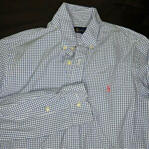 Polo Ralph Lauren Mens M Blue Gingham Check Long Sleeve Button Down Pink Logo